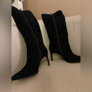 Black, soft suede. 2 inch spike heel